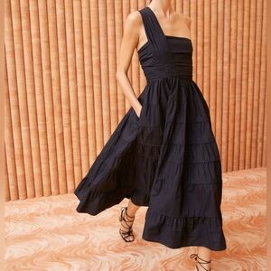 Ulla Johnson Ellie DressBlack Cotton One Shoulder Midi Dress